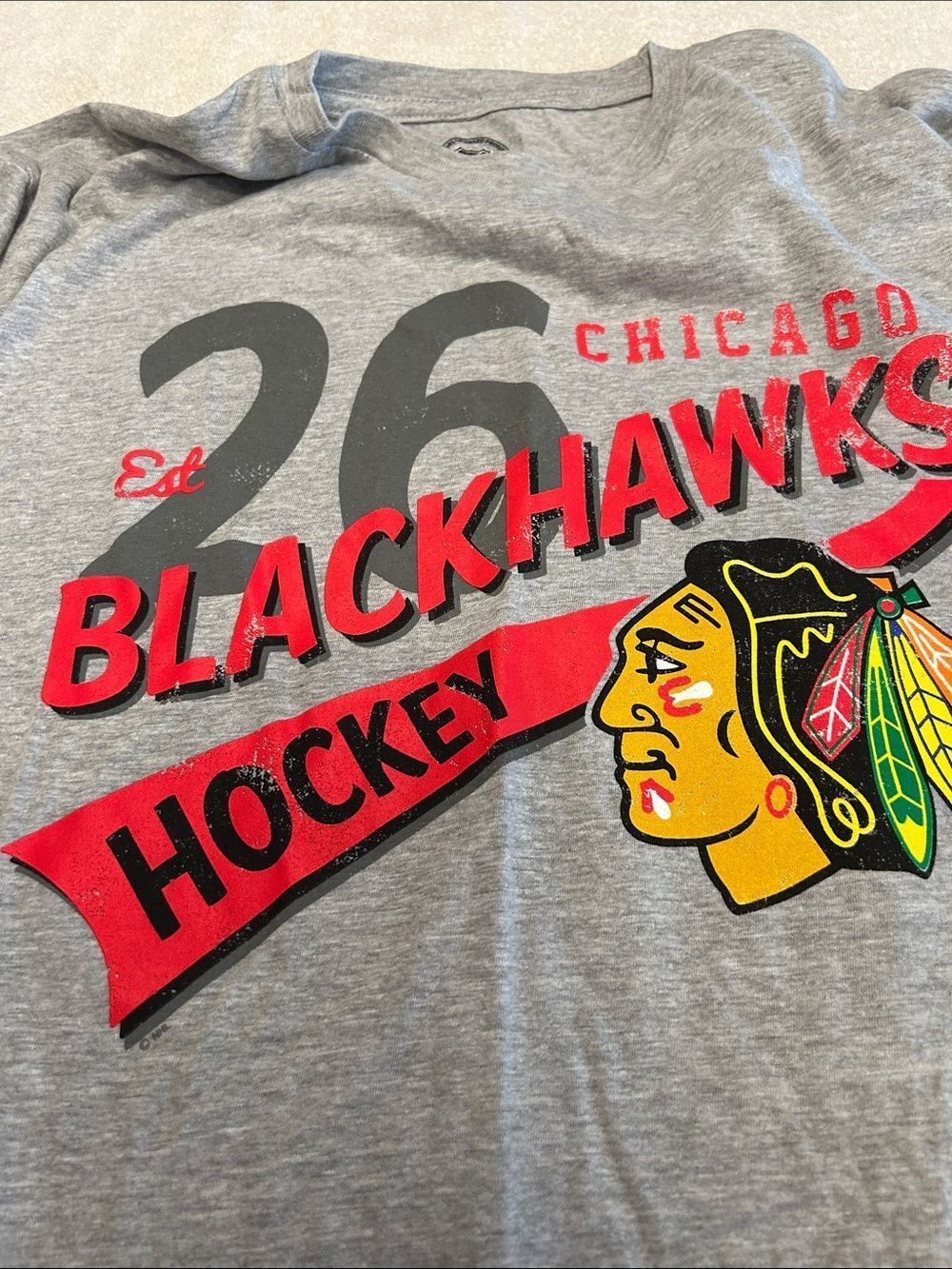 NHL Gray Blackhawks Graphic Short Sleeve Tee with Red Accents - Picture 2 of 6